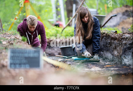 Bielefeld, Allemagne. Le 08 mai, 2019. Aileen Nowack, un étudiant de l'archéologie, et Nico Calmund, stagiaire à la LWL à Münster, creusent dans le camp romain excavé marsh. Les archéologues de la Landschaftsverband Westfalen-Lippe (LWL) ont découvert les restes d'un 2000 ans marsher marais romain dans le district de Sennestadt. Credit : Guido Kirchner/dpa/Alamy Live News Banque D'Images