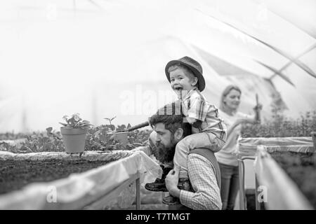 Vue de côté kid dans Fedora hat la plantation fleur en serre. L'homme brutal avec longue barbe et moustache holding cute boy sur ses épaules. Enfance heureuse Banque D'Images