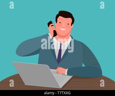 Businessman parler au téléphone alors qu'il était assis à son bureau en face d'un ordinateur portable. Vector illustration d'affaires Illustration de Vecteur