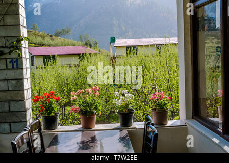 Photo de paysage coloré avec des montagnes de l'himalaya vue de restorent Banque D'Images