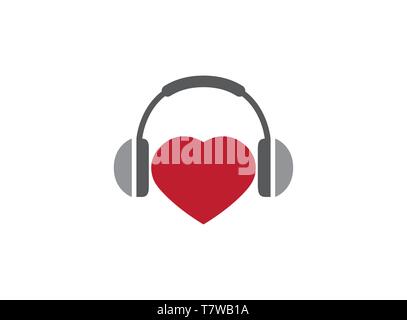 Les écouteurs avec coeur pour logo design illustration, l'icône de l'amour du casque Illustration de Vecteur