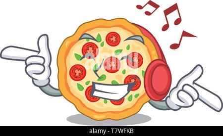 Pizza Margherita musique écoute avec les caricatures isolées Illustration de Vecteur