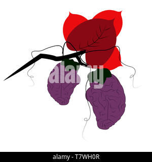 Illustration de raisin violet en forme de cerveau avec des feuilles vertes que des coeurs Banque D'Images