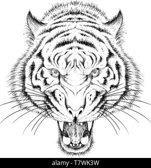 Le logo Vector tiger pour tatouage ou T-shirts ou d'extérieur. Style de chasse tigers imprimer sur fond noir. Banque D'Images