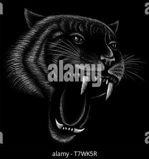 Le logo Vector tiger pour tatouage ou T-shirts ou d'extérieur. Style de chasse tigers imprimer sur fond noir. Banque D'Images