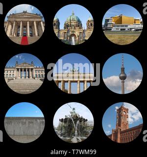 Monuments de Berlin avec collage Konzert Haus, Dom (cathédrale), philharmonie, le Reichstag (Parlement), Brandenburger Tor, Fernsehturm (tour de télévision), Banque D'Images