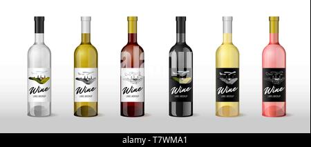 Bouteille de vin en 3D réaliste avec l'étiquette à la main retro vintage design template set. Industrie de l'alcool vignoble raisins hills farm emblème. Monochrome Illustration de Vecteur