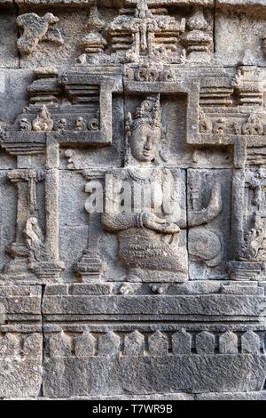 L'Indonésie, Java, temple de Borobudur. Temple bouddhiste classé au patrimoine mondial de l'UNESCO,Bas-reliefs Banque D'Images