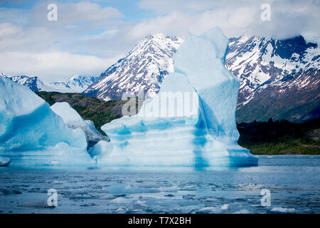 La Knik Glacier en Alaska. Manque de neige exposer les cendres retombées de la redoute à proximité de volcan, la réduction de l'effet albédo. Il y a des milliers de glaciers en Alaska, et au moins 616 d'entre eux sont nommés. Ensemble, ils sont en train de perdre 75 milliards de tonnes de glace chaque année en raison de la fonte. Ce chiffre est susceptible d'augmenter dans les années à venir. Mai 2015 a été la plus chaude en 91 ans. La couleur bleue est naturellement produit, mais est renforcé par underexposing l'image. Banque D'Images