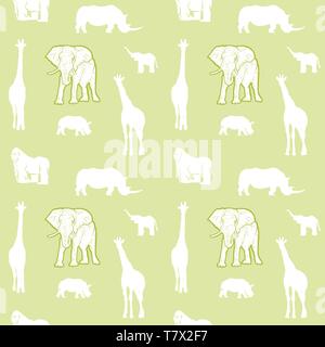 Vert clair transparent Animaux de safari. Bien conçu silhouettes dessinées à la main pour modèle d'impression du dessin textile. Illustration de Vecteur
