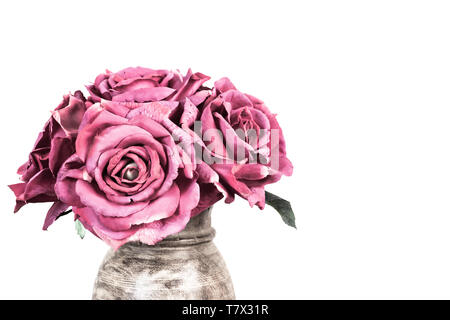 Bouquet de roses roses dans un vase sur fond blanc. Banque D'Images