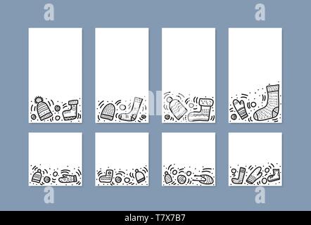Ensemble de médias sociaux avec des modèles de gants, chaussettes tricotées, shorts set. Arrière-plans pour des histoires et des postes avec des vêtements chauds dans doodle style. Illustration de Vecteur