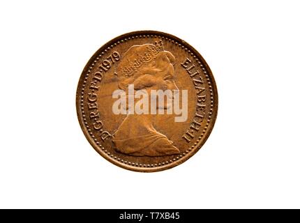 La moitié britannique penny coin 1979,close up, macro, fond blanc, Banque D'Images