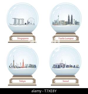 Collection de boules à neige avec Singapour, Kuala Lumpur, Tokyo et Séoul, d'horizon de la ville Illustration de Vecteur