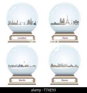 Vector snow globes avec Londres, Paris, Berlin et Rome à l'intérieur de repères Illustration de Vecteur