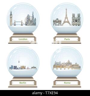 Vector snow globes avec Londres, Paris, Berlin et Rome d'horizon de la ville à l'intérieur Illustration de Vecteur