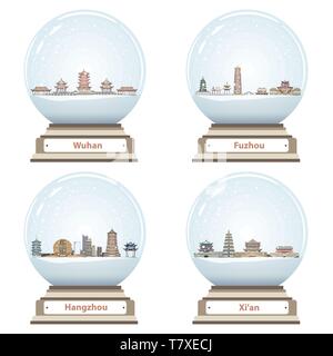 Vector snow globes avec résumé d'horizon de la ville chinoise à l'intérieur Illustration de Vecteur