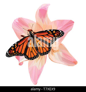 Low Poly papillon monarque sur une lily rose Banque D'Images