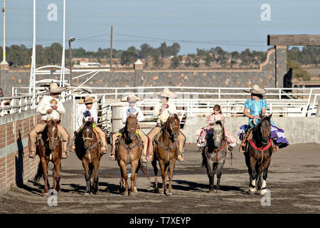 Les membres de la célèbre famille franco de charros rouler ensemble à cheval au niveau de la famille dans la session pratique Charreria Jalisco Highlands ville de Capilla de Guadalupe, au Mexique. La famille Franco mexicain a dominé pendant 40 ans de rodéo et a remporté trois championnats nationaux, cinq deuxièmes places et 5 troisièmes places. De gauche à droite sont : Luis Alfonso Franco Gonzalez, Luis Alfonso Franco Jimenez, Juan Franco de Anda, Juan Gonzalez, Franco de Analia Franco Anda et Saray Franco de Anda, Banque D'Images