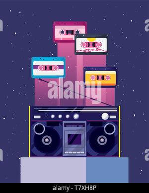 Cassettes stéréo radiocassette rétro musique 80s style vector illustration Illustration de Vecteur