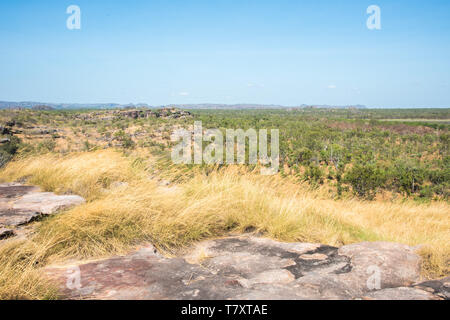 Vue imprenable sur l'Ubirr Rock de la brousse naturelle avec rock de grès dans le Parc National de Kakadu, dans le Territoire du Nord de l'Australie Banque D'Images