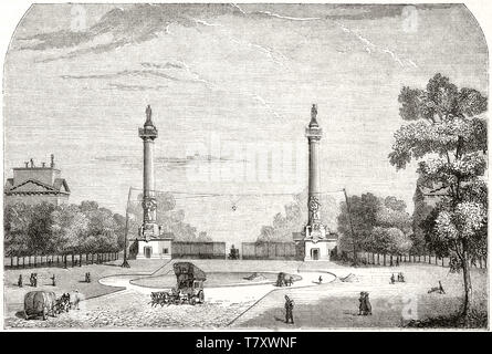 Vue ancienne de la barriere du Trone Paris et ses environs square et jardin avec des gens qui marchent et des chars. Par Davioud et pisane publ. sur Magasin pittoresque Paris 1848 Barriere du Trone Banque D'Images