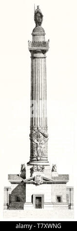 Isolé haute colonne avec une statue de Roi sur le dessus. Vue ancienne de l'une des deux colonnes de Barriere du Trone Paris. Par Davioud et pisane publ. sur Magasin pittoresque Paris 1848 Banque D'Images