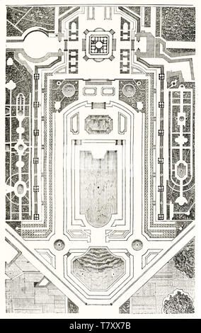 Planimétrie de détaillé vieux château de Marly gardens France. Ancienne gravure illustration style élégant non identifiés par auteur éditeur sur Magasin pittoresque Paris 1848 Banque D'Images