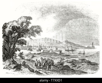 Ancien port présent sur la distance à partir de la nature en premier plan. Vieux style gravure illustration d'Pont-Vendres France côte vermeille. Par Morel-Fatio publ. sur Magasin pittoresque Paris 1848 Banque D'Images