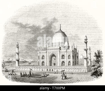 Ancienne vue générale de Taj Mahal Agra Inde, affichées dans une gravure illustration style vintage. L'une des sept merveilles du monde. L'art ancien par Freeman publ. sur Magasin pittoresque Paris 1848 Banque D'Images