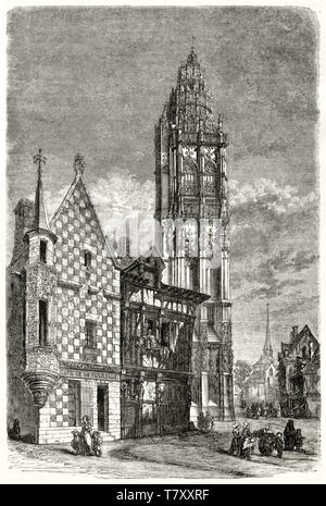 Rapprochement vertical de l'ancienne tour de la Madeleine (Madeleine tower, Verneuil-sur-Avre France) dans un cadre médiéval. Illustration gravure par Lancelot publ. sur Magasin pittoresque Paris 1848 Banque D'Images