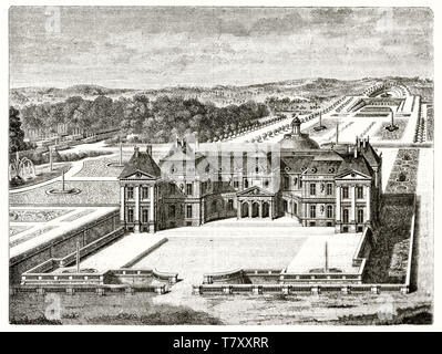 Dans l'ensemble Vue de dessus de l'ancien château de Vaux-le-Vicomte, France. Magnifique bâtiment entouré par un vaste jardin élégant. Auteur non identifié par l'éditeur sur le Magasin pittoresque Paris 1848 Banque D'Images