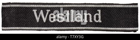 Un sleeveband «Westland' des hommes enrôlés/sous-officiers de la SS-Infanterie-Regiment, plus tard rebaptisé 10e SS Panzer-Grenadier-Regiment-de la 5e SS-Panzerdivision "Wiking". Noir et argent-gris type BeVo avec extrémités cousues et tissé BEVO 'nom du fabricant-WUPPERTAL'. Non émis. Longueur 49 cm., historique, historique du 20e siècle, années 1930, années 1940, Secret Service, service de sécurité, les services secrets, les services de sécurité, police, armée, forces armées, NS, le National-socialisme, le Nazisme, Troisième Reich, l'Empire allemand, l'Allemagne, l'ustensile, pièce de l'équipement, les ustensiles, objet, objets, alambics, clipping, cl, Editorial-Use-seulement Banque D'Images