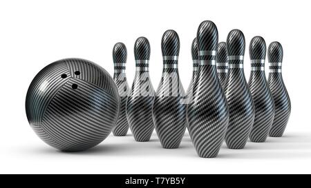 Boule de bowling en fibre de carbone à l'aide de goupilles. isolé sur fond blanc. 3d illustration Banque D'Images