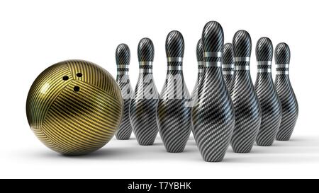 Boule de bowling en fibre de carbone à l'aide de goupilles. isolé sur fond blanc. 3d illustration Banque D'Images