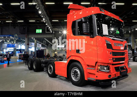 Helsinki, Finlande. 09 mai, 2019. Scania R730 XT affiche sur stand Scania sur Transport-Logistics, 2019 le plus grand événement de l'industrie de la logistique et du transport dans les pays nordiques, qui a eu lieu 09-11 Mai 2019 à Helsinki, Finlande. Credit : Taina Sohlman/agefotostock Banque D'Images