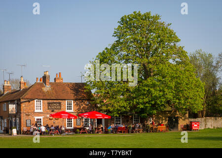 Se détendre dans le soleil du soir sous les parasols rouge vif à l'extérieur de l'entraîneur et les chevaux par la pub, Kinecroft Wallingford par un cheval châtaignier Banque D'Images