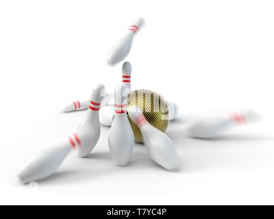 Boule de bowling en fibre de carbone à l'aide de goupilles. isolé sur fond blanc. 3d illustration Banque D'Images