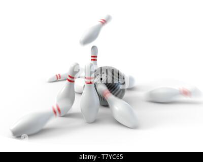 Boule de bowling en fibre de carbone à l'aide de goupilles. isolé sur fond blanc. 3d illustration Banque D'Images