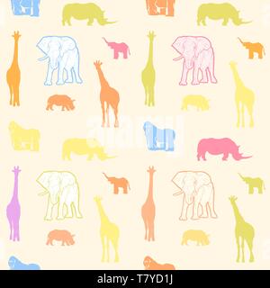 Les animaux colorés pour les enfants issus des murs bien conçu des silhouettes dessinées à la main pour modèle d'impression du dessin textile. Illustration de Vecteur