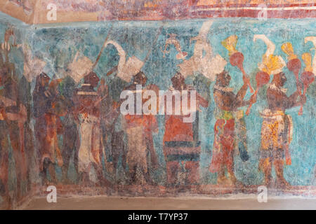 L'art Maya Maya - peintures du 7e siècle au Mexique Bonampak ; ce à partir de la chambre 1, Temple de murales, montrant l'arrivée des dignitaires Banque D'Images