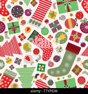 Modèle vectoriel continu funky avec boules de Noël multicolores, des bas de Noël et présente sur fond blanc texturé subtilement. Super pour Illustration de Vecteur