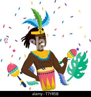 Homme avec une coiffure de plumes et maracas drume célébrer carnaval Brésil modifiables illustration vectorielle Illustration de Vecteur