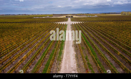 Drone Vue aérienne de l'édifice avant de Bodega Septima Winery, Agrelo, Lujan de Cuyo, Mendoza, Argentine Banque D'Images