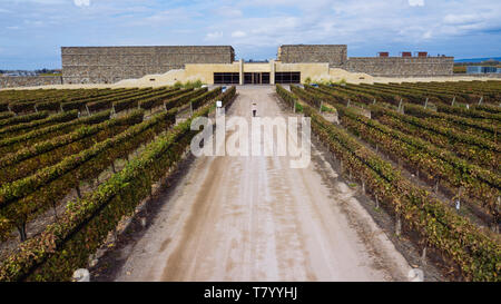 Drone Vue aérienne de l'édifice avant de Bodega Septima avec une femme marche à travers la route principale, Agrelo, Lujan de Cuyo, Mendoza, Argentine Banque D'Images