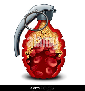 La maladie cardiaque et le cholestérol danger bombe la maladie comme une artère coronaire concept médical avec une grenade à l'intérieur d'une artère ou veine avec plaque. Banque D'Images