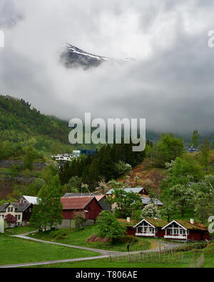 Geirangerfjord offre de superbes paysages d'un vert émeraude et les imposantes chutes d'eau haute. Sommets de montagne vue à travers un trou dans le nuages nimbus Banque D'Images