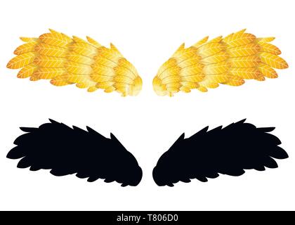 Ailes de plumes d'or. Deux ailes, silhouette noire. Télévision illustration isolé sur fond blanc. Icône logo abstrait. Illustration de Vecteur