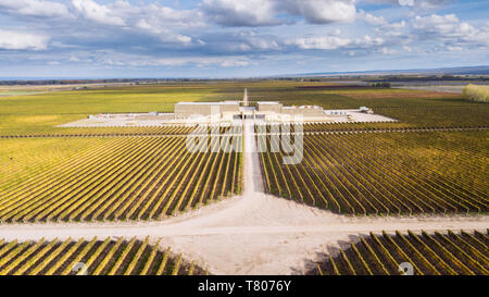 Vue aérienne de drone de face de Bodega Septima, Agrelo, Lujan de Cuyo, Mendoza, Argentine Banque D'Images