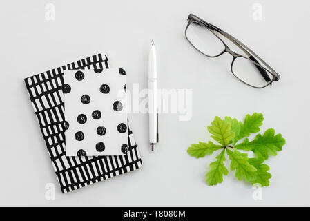 Deux petits blocs-notes, un stylo, lunettes et les jeunes feuilles de chêne sur fond blanc de toile. Banque D'Images